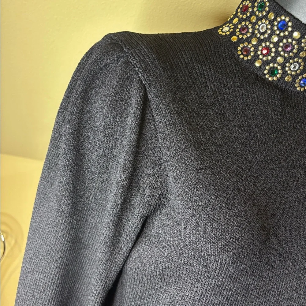 Vintage St.John Santana Knit Black Embellished Dress Jeweled Collar Size 4 - Picture 11 of 16